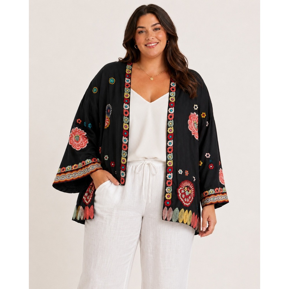 Natori Black‎ Embroidered Kimono Jacket Floral Open Front Boho Statement XL